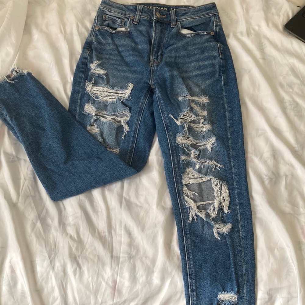 American Eagle Stretch Ripped Jeans | Dark Blue Loose Skinny Fit | Size 00